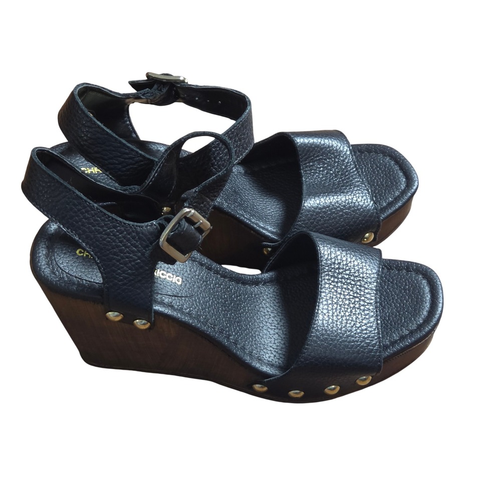 Christian Di Riccio Studded Leather Wood Platform Wedge Sandals 38 US 7.5-8